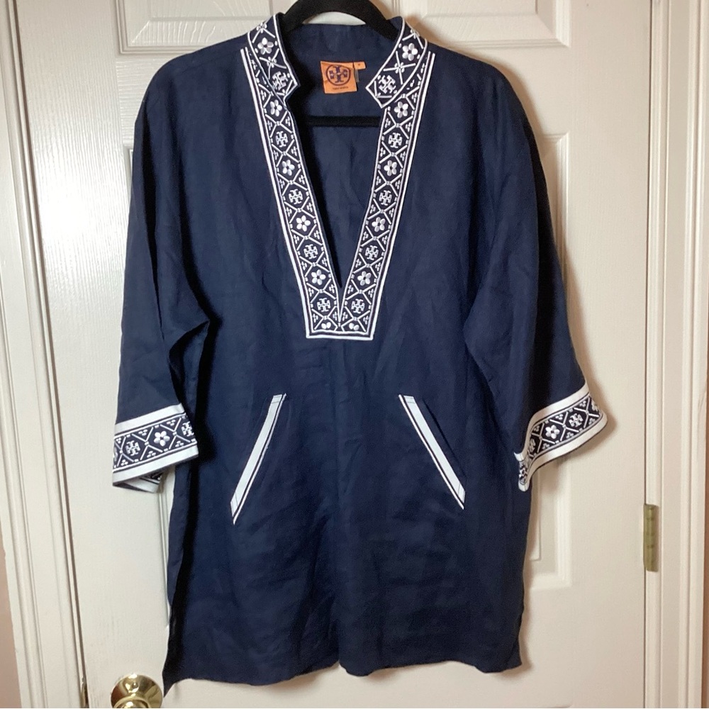 Tory Burch Stephanie Linen Navy Beach Coverup with White Embroidered Trim - M